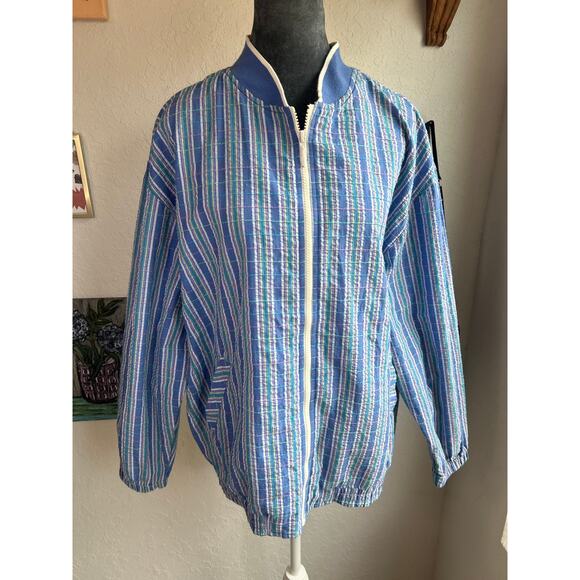 Blast- 90s 80s Quilted Striped Coat- Zip up Medium- blues purple yellow preppy - Picture 1 of 5